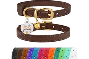 BRONZEDOG Collar de cuero para gato con campanas extraíbles, etiqueta QR para gatito no separable para niñas y niños (7 a 9 pulgadas para gatos, marrón oscuro y dorado)