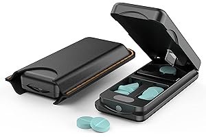 HQEUZ Aluminiowy rozdzielacz do tabletek, do małych i dużych tabletek, z ostrzem ze stali nierdzewnej 316 L, przenośna krajalnica do tabletek z przegródką do przechowywania, łatwa obsługa, czarna