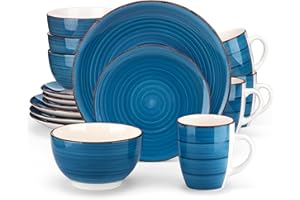 vancasso Bella Dinner Set for 4, Stoneware Plate Bowl Set Handpainted Tableware, 16 Piece Blue Dinner Service with Dinner Plate/Dessert Plate/Cereal Bowl/Mug, Rustic Chic Style