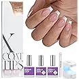 BTArtboxnails XCOATTIPS French Gel Nails - Short Coffin Nails Tips with Nail Gel, Nail Protecing Duo, Nail Lamp, All in One Soft Gel French Tip Press on Nails Gel Extension, Pink