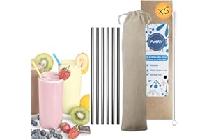 SUSURRUS Paille reutilisable inox droite 6 pailles en métal aluminium grande 21 cm avec goupillon, paille inox, pailles fines inoxydable pour cocktail, décoration anniversaire (Noire)