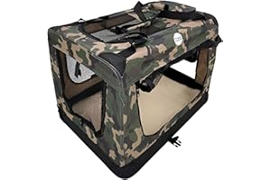 HugglePets Green Camo Fabric Dog Crate Carrier Medium 60cm, Foldable with Fleece Mat