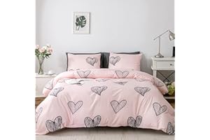 GETIYA Pościel z mikrofibry z sercami i kreskówkami, 135 x 200 cm, jasnoróżowa, z zamkiem błyskawicznym i poszewką na poduszkę 80 x 80 cm