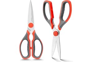 WELLSTAR Lot de 2 ciseaux de cuisine multifonction pour viande, légumes, poissons, herbes, volailles, en acier inoxydable avec poignée confortable - Rouge