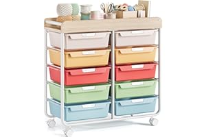 SYKIARIOL Rolling-Utility-Storage-Trolley-Cart-Craft-Organizer on Wheels with 10 Drawers & DIY Label Slot for Home, Office,Classroom, Make Up, 10 Drawers Art Supply Organizers, Craft Trolley, Multicolour