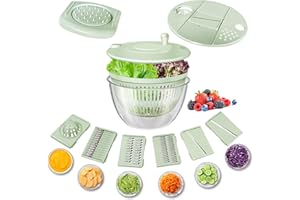 Airpro Salad Spinner Large, Vegetables Fruits Wash Bowl,Lettuce Spinner Pasta and Fries Dryer with 5 Blades,Egg Yolk Strainer Slicer Shredder for Kitchen Colander, 5.3 Qt, Green White
