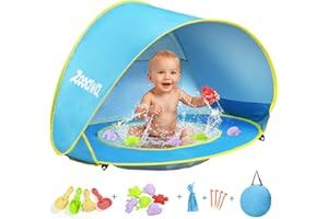 Zooawa Pop Up Strandmuschel Baby Strandzelt Strandmuscheln,Tragbar Baby Strand Zelt mit Mini Pool UV-Schutz Sun Shelter für Kleinkinder mit Strand Sand Spielzeug Set,Kein Muster, Blau