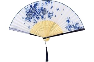 Yukiyi - Ventaglio pieghevole da donna, in bambù e tessuto di seta, con pompon - decorazione da parete, festa di nozze - bianco 1