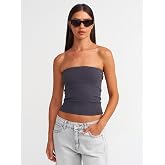 DILVIN Bandeau Crop Top Kadın Straplez Askısız Yazlık Esnek &Ouml;rme Kumaş Sırt A&ccedil;ık Minimal Tasarım