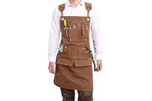 LYCN Woodwork Aprons for Men, Adjustable Cotton Canvas Apron with Tool Pockets, Heavy Duty Workshop Cross Back Carpenter Work Aprons for Chef's Gift Horticulture Barbecue Cafe (Brown)