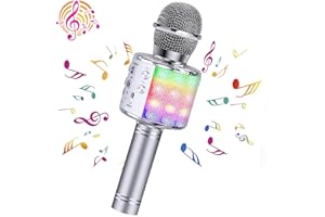 ShinePick Karaoke Wireless Microphone, 5 in 1 Recording & Singing Bluetooth Microphone for Kids Adults, Dancing LED Lights Portable Speaker Karaoke Machine for Phone/Pad/TV (Sliver)