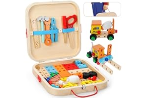 Acemall Cassetta Attrezzi Bambini Giochi in Legno per Bambini 2 3 4 Anno, 53 Pezzi Attrezzi Giocattolo Bambini Attrezzi da Lavoro Costruzioni per Bambini Giochi Montessori Regalo Bambino 3 4 5 6 Anni