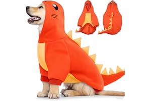 Lelepet Halloween Dog Dinosaur Costume, Warm Fleece Hoodie for Large Dogs, Winter Pet Sweatshirt, Funny Dog Cosplay Party Costume Puppy Jumpsuit, Orange XL