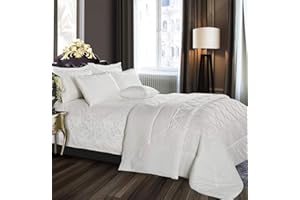 THL 3 Piece Luxury Jacquard Bedspread Comforter Quilted Bedding Set With Pillowshams (White, Superking)