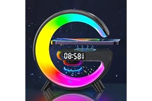DECHOGA Alarm Clock with Wireless Charging,Alarm Clock Wake Up Light with Bluetooth Speaker,Dimmable Night Light LED Desk Lamp,Sunrise Alarm Clock with Music Synchronized,G Shaped Lamp Connected via USB-Black