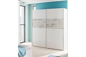 Dmora Guardaroba a Due Ante scorrevoli, per Camera da Letto, con Ripiani e Barra Appendiabiti, cm 180 x 200 x 60, Colore Dettaglio Vintage, Bianco e Legno Chiaro, 180 x 260 x 200