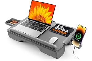 Laptop tray, Lap Tray, SAIJI Lap Desk Anti-Slip Leather Lap Desk, 54 * 33cm Large Lap Tray, with Drawer, Soft Wrist Rest, Phone Holder, Comfort Cushion, Fits up to 17 inch