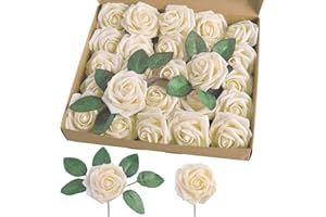 homEdge Künstliche Rose, 25 Stück Kunstschaumblumen mit Stiel für Heimdekoration, Hochzeitssträuße, Party, Certerpieces, Jubiläen-Creme