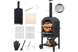 GYMAX Horno de Pizza para Exteriores con Piedra para Pizza y Pala, Horno de Cocina con Termómetro y Función de Barbacoa, Estufa de Pizza con Cubierta y 2 Ruedas para Picnic, Fiesta y Camping