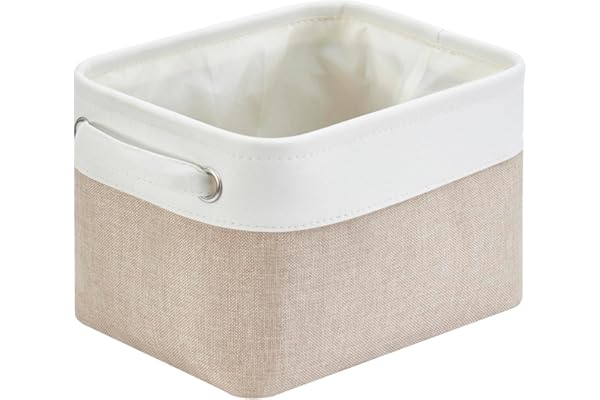 Mangata Boîtes de Rangement en Tissu Panier de Rangement en Toile avec Poignées pour Étagères Vêtements Jouets (Pliable, Blanc Kaki Clair, Petit)