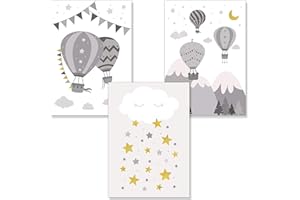 PREMYO Wall Art Prints Nursery Decor - Baby Room Decoration Girl Boy - Kids Poster Set Hot Air Balloon Cloud Picture A4