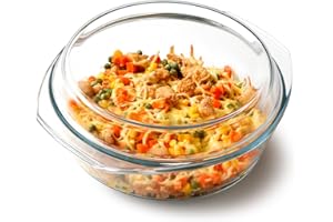 NUTRIUPS Okrągłe naczynie do zapiekania z pokrywką, 3 l, 25,4 x 7,8 cm, naczynia odporne na piekarnik, szklane naczynia do zapiekanek, nadają się do kuchenki mikrofalowej i piekarnika