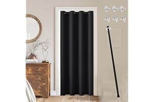 JCyh Cortina Puerta con Barra Extensible y Botón Magnético, Cortinas Termicas Aislantes Frio y Calor Ojales,1 Pieza Cortina Opacas para Salón, Cortina Cocina Puerta, Cortina Negro + Barra Negro