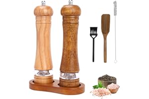 Foyucool Juego de Molinillo Pimienta Madera con Bandeja, 2 Molinillo Especias Manual, Grueso Ajustable, Rotor de Cerámica para Moler, para Chile, Lila, Pimienta, Sal, 8 Pulgadas, (Madera+Marrón)