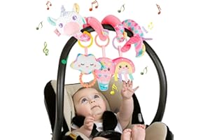 Funsland Kinderwagen Spielzeug, Baby Activity Spirale Spielzeug mit Musik, Hängendes Spiral Plüsch Spielzeug für Kinderbett/Autositz/Babyschale, Neugeborene Geschenk für Baby 0 3 6 12 Monate, Rosa