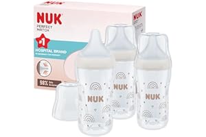 NUK Set biberon Perfect Match | 3+ mesi | Si adatta al palato del bambino | Controllo della temperatura | Sfiato anti-colica | 260 ml | Senza BPA | Tettarella media in silicone | Arcobaleno | 3 pz