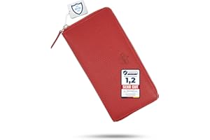 Baur Damen Geldbörse Echt Leder Geldtasche | Geldbeutel mit RFID Schutz | Großes Portemonnaie viele Kartenfächer | Wallet mit Rundum-Reißverschluss | Portmonee | Damen-Geldbörsen (Rot)