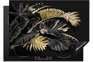 KitchenYeah© Copertura Tappetino Piano Induzione 75x52 cm Cucina Coprifornelli Protezione per Piano Induzione Foglie - Nero - Oro