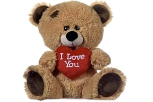 PAWS Brown Patchwork Teddy Bear holding Red Heart with "I Love You" written on it (Golden Brown, 8")