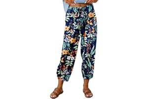 ABYOVRT Pantalon 7/8 Femme Été Imprimé Bohème Lin Ample Longueur Pants Cordon pour Décontracté à Jambes Léger en avec Poches Pantalon De Plage,S-XXL