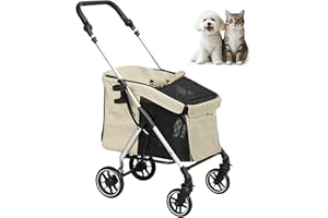 PawHut Hundewagen leicht Hundebuggy aus Aluminium klappbar für Hunde & Katzen Katzenbuggy mit Kissen Netzfenstern Türen Aufbewahrungskorb Katzenwagen Mini-Hundewagen für kleine Hunde Khaki