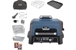 Ninja Woodfire Pro Connect XL Barbecue Électrique & Fumoir avec Contrôle d'Application, 2 Sondes, Grille, Housse, Revêtements & Brosse, Grill & Friteuse sans huile 7-en-1, Bleu & Noir OG901EUAMZ