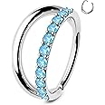 OUFER 20G Nose Hoop Ring Clear/Blue/Pink CZ Seamless Open Double Line Helix Piercing 8 mm Cartilage Earring Body Piercing Jewellery Rook Hoop