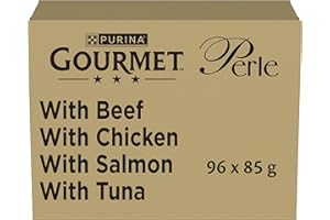 Purina Gourmet Perły filety w sosie na mokro karma dla kotów z wołowiną, kurczakiem, łososiem, tuńczykiem, 96 torebek po 85 g