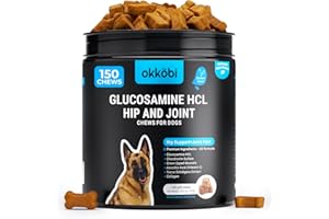 OKKÖBI Glucosamine HCL & Hip and Joint Chews for Dogs - 150 pcs - Advanced Hip and Joint Support for dogs - Vet approved US Formula with MSM & Green Lipped Mussel for dogs - Chicken