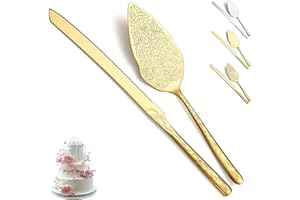 Evanda 2-częściowa złota łopatka do tortu weselnego, tytanowe złoto platerowane z unikalnym wzorem, łopatka do ciasta ze stali nierdzewnej i łopatka do ciasta na ślub, imprezę, urodziny, można myć w