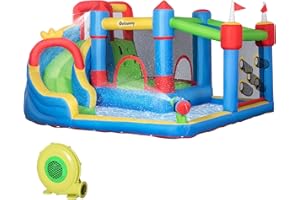 Outsunny Castello Gonfiabile per Bambini 5 in 1 con Scivolo, Trampolino, Piscina e Pistola ad Acqua, Gonfiatore e Picchetti Inclusi, Età 3-8 Anni