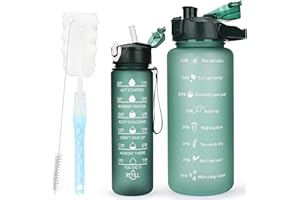 CodiCile 2 Pack Trinkflasche BPA-frei 2L+750ml, Sport-Trinkflasche mit Zeitmarkierung & Strohhalm, 2 Liter Trinkflasche fürs Fitnessstudio mit Bürste, Großer motivierender Zeitmarker Wasserflasche