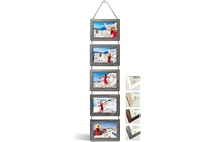 NEOWS Portafotos Múltiple Decorativo para Colgar en Pared - Marcos de Fotos Multiples de Madera Con Cuerda - Collage Portarretratos Colgante - Fotos 10x15 cm (Gris Roble, 5 Fotos Horizontal)
