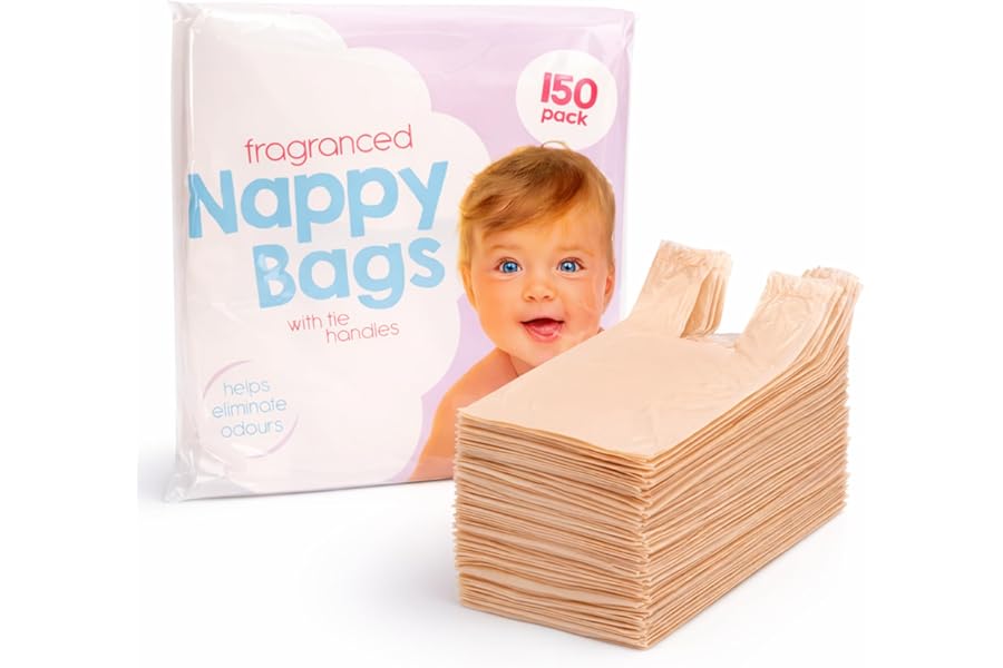 150 Coloured Nappy Bags with Tie Handles, Fragranced for Eliminating Odours, Durable and Leak-proof, Light-weight and Perfect for Babies Travel Bags
