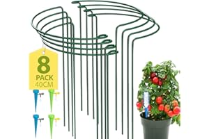 KAZITOO 8 Pack Half Round Garden Plant Support Stakes, Metal Bow Type Flower Supports Ring Cage with 4 Self Watering Spikes for Peonies, Hydrangea, Interlinking to Make Garden Border, Rows, Circles(25x40cm)