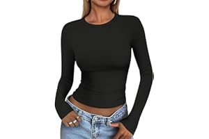 Cuptacc Camiseta Mujer Manga Larga Elegante Cuello Redondo Top Slim Fit Color Sólido Basica Túnica Mujer