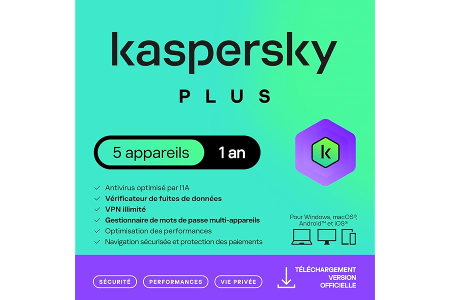 Kaspersky Plus Internet Security 2025 | 5 appareils | 1 an | Anti-Phishing et Pare-feu | VPN illimité | Gestionnaire de mots