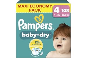 Pampers Baby-Dry Taille 4, 108 Couches, 9kg-14kg, Une Nuit Confortable Jusqu’À 100% Sans Fuites
