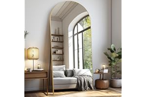 LunaMirror Espejo curvado de cuerpo entero, 192 x 85 cm, espejo de pie, espejo de suelo, espejo grande, espejo de pie para dormitorio, salón, pasillo, entrada, espejo de pared, color dorado