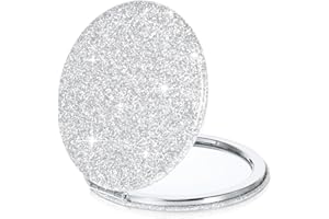 YQQYG Taschenspiegel Klappbar, Kleiner Geldbörsenspiegel Kompaktspiegel, Reise-Make-up-Spiegel, Silberner Glitzer Runder Spiegel, Doppelseitiger klappbarer Handspiegel, Kosmetikspiegel